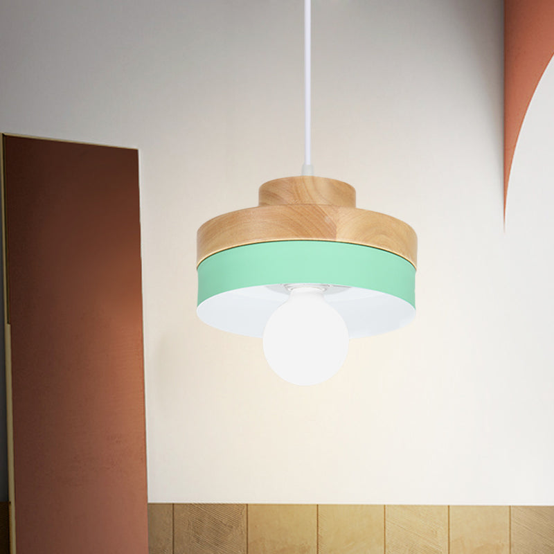 Colorful Macaron Circle/Square Down Lighting Metal Ceiling Lamp With Wood Accent - 1-Light For