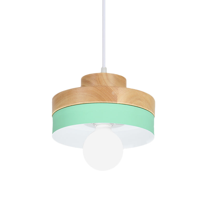 Colorful Macaron Circle/Square Down Lighting Metal Ceiling Lamp With Wood Accent - 1-Light For