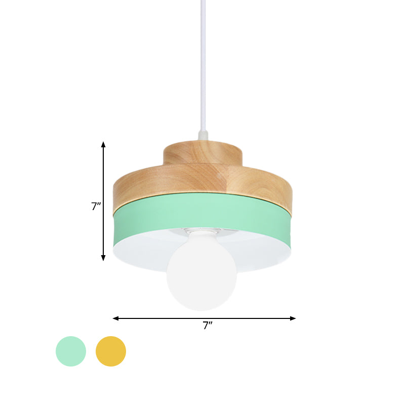 Colorful Macaron Circle/Square Down Lighting Metal Ceiling Lamp With Wood Accent - 1-Light For