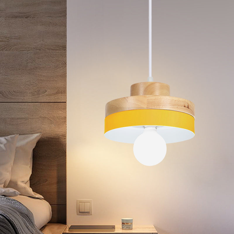 Modern Macaron Down Lighting Metal Ceiling Lamp with Colorful Wood Accents - 1-Light for Living Room