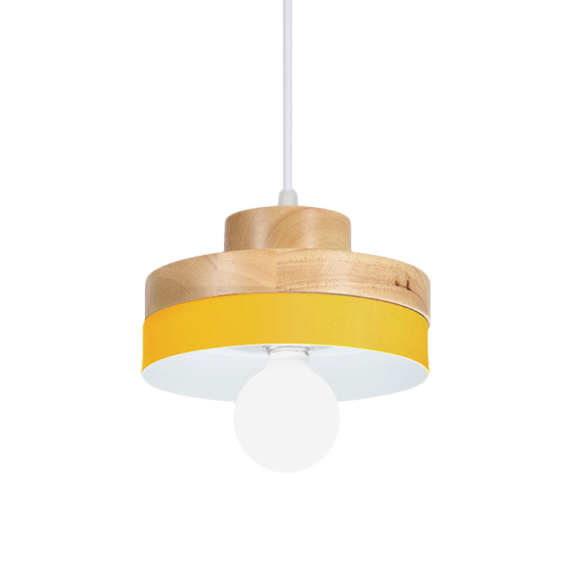 Colorful Macaron Circle/Square Down Lighting Metal Ceiling Lamp With Wood Accent - 1-Light For