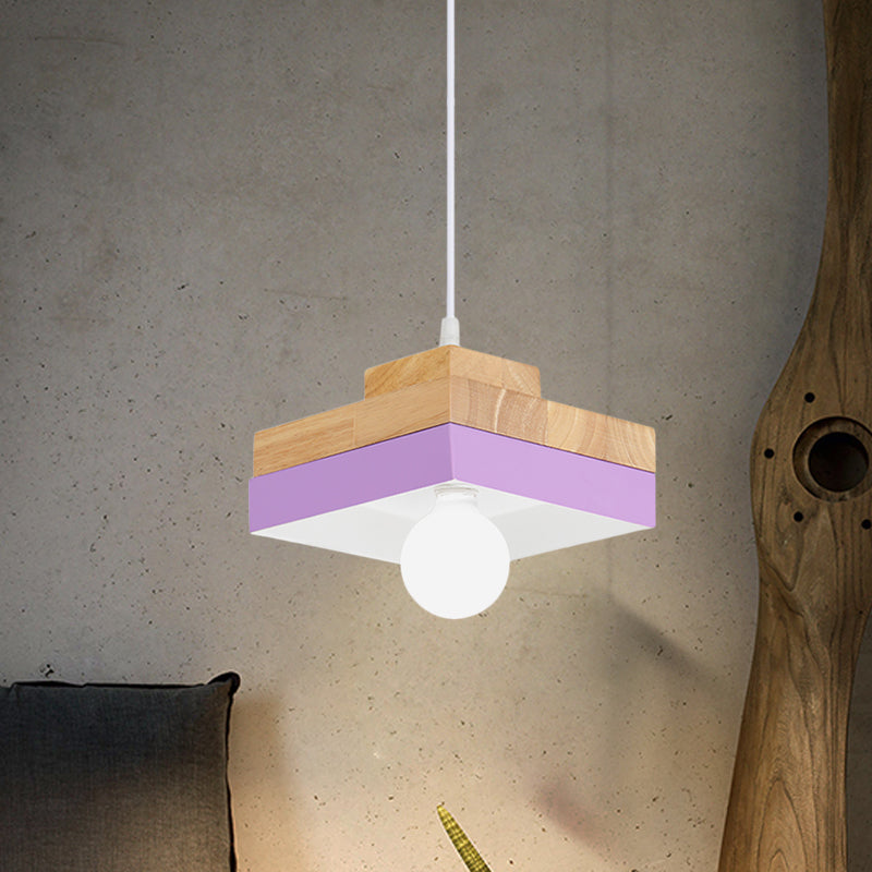 Colorful Macaron Circle/Square Down Lighting Metal Ceiling Lamp With Wood Accent - 1-Light For