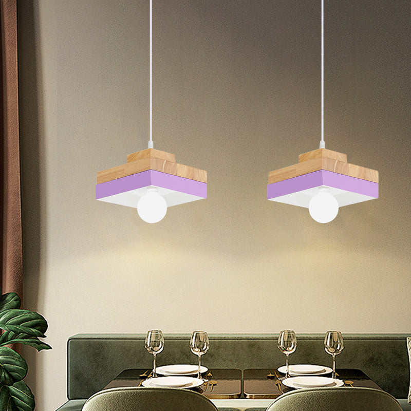 Colorful Macaron Circle/Square Down Lighting Metal Ceiling Lamp With Wood Accent - 1-Light For
