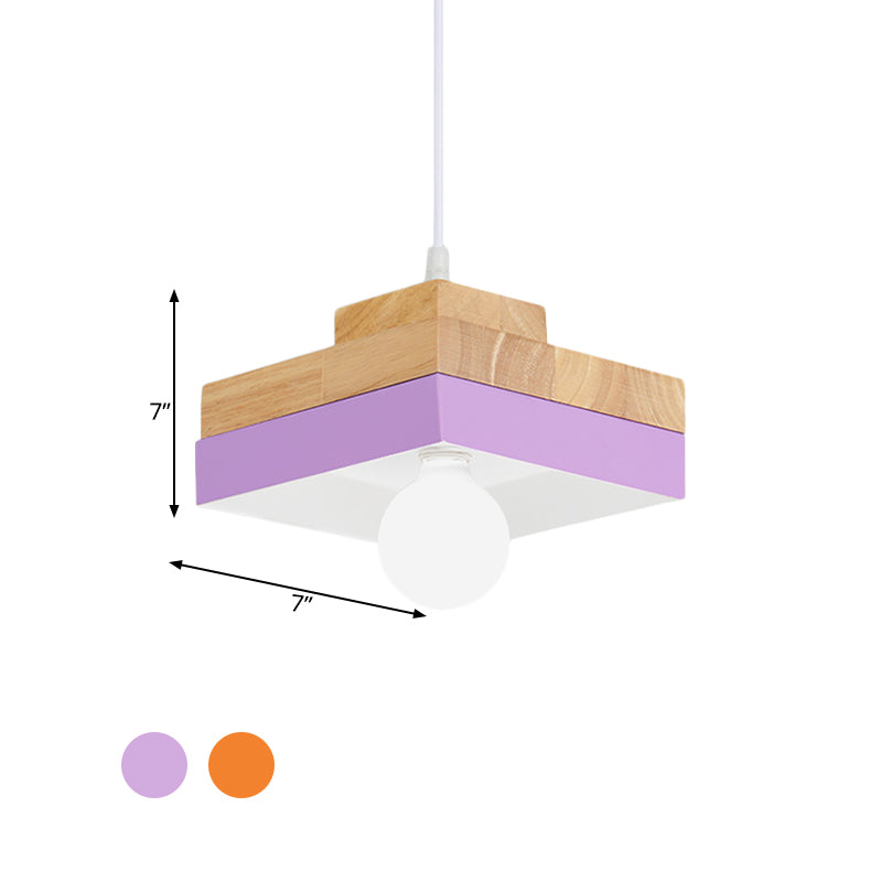 Colorful Macaron Circle/Square Down Lighting Metal Ceiling Lamp With Wood Accent - 1-Light For