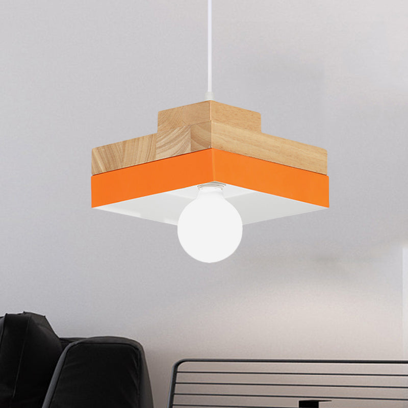 Colorful Macaron Circle/Square Down Lighting Metal Ceiling Lamp With Wood Accent - 1-Light For