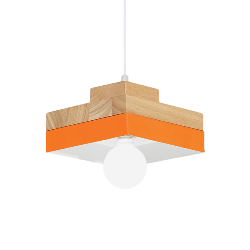 Colorful Macaron Circle/Square Down Lighting Metal Ceiling Lamp With Wood Accent - 1-Light For