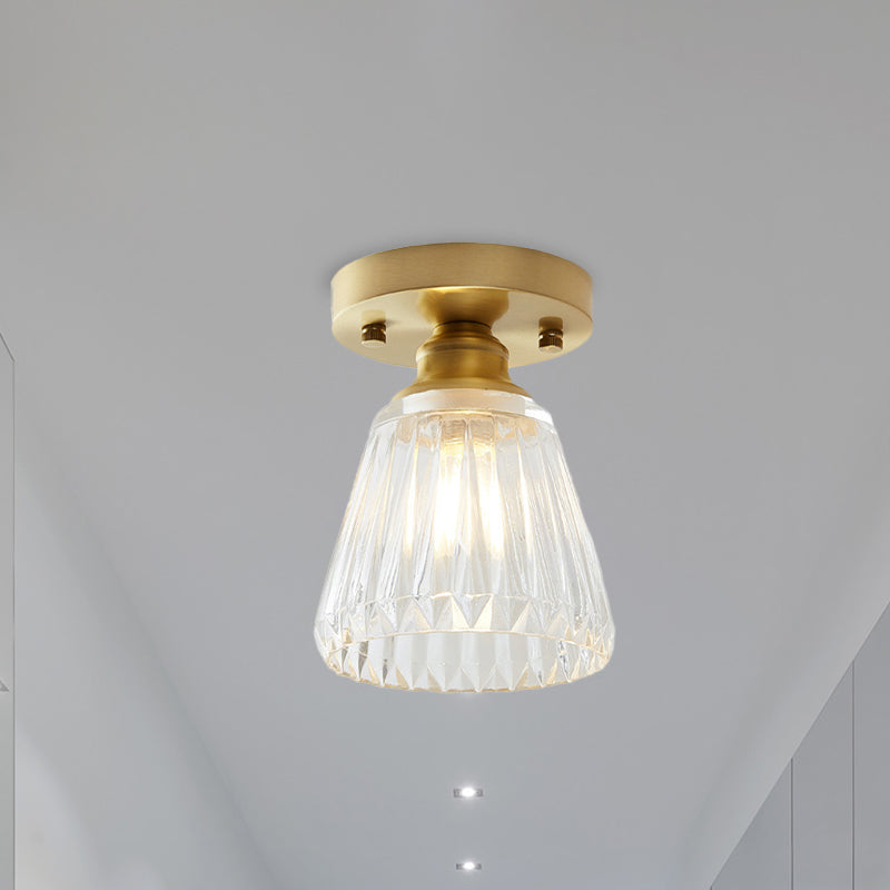 Industrial-Style Cone Glass Ceiling Light - Single Bulb Semi Flush Mount Fixture In Brass With Clear