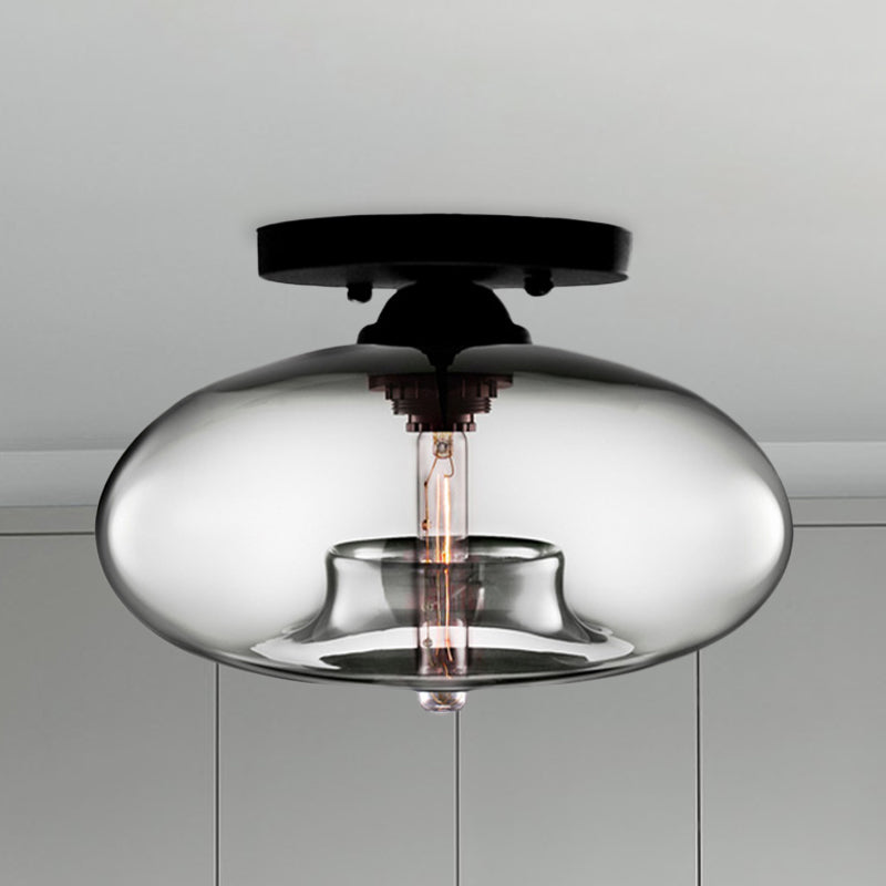 Industrial Semi Flush Ceiling Light with Oval Red/Brown/Blue Glass Shade - Black Finish, Ideal for Living Room