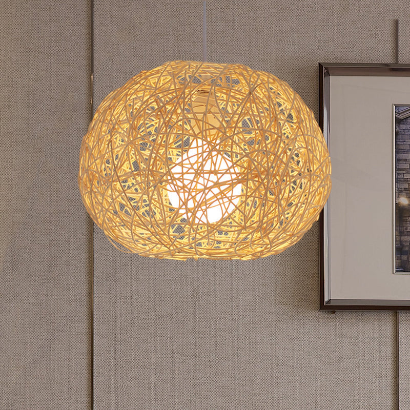 Farmhouse Rattan Single Pendant Lamp - Brown/Ivory Birds Nest Design For Table