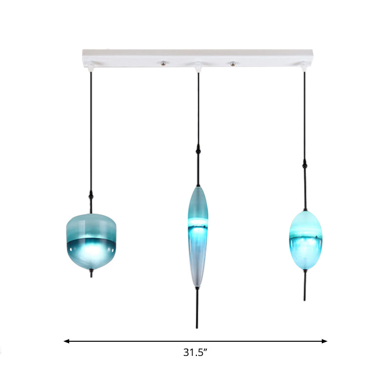 Modernist Blue/White Glass Cluster Pendant Light Fixture - Teardrop/Drum/Cylinder Design 1/3 Lights