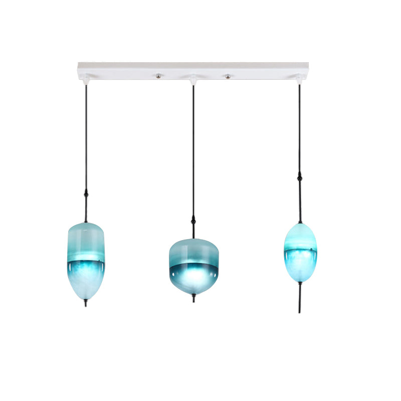Modernist Blue/White Glass Cluster Pendant Light Fixture - Teardrop/Drum/Cylinder Design 1/3 Lights