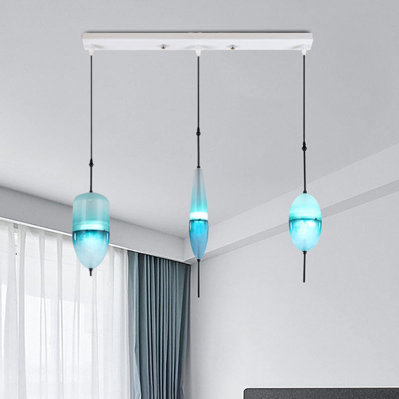 Modernist Blue/White Glass Cluster Pendant Light Fixture - Teardrop/Drum/Cylinder Design 1/3 Lights