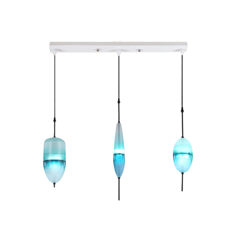 Modernist Blue/White Glass Cluster Pendant Light Fixture - Teardrop/Drum/Cylinder Design 1/3 Lights
