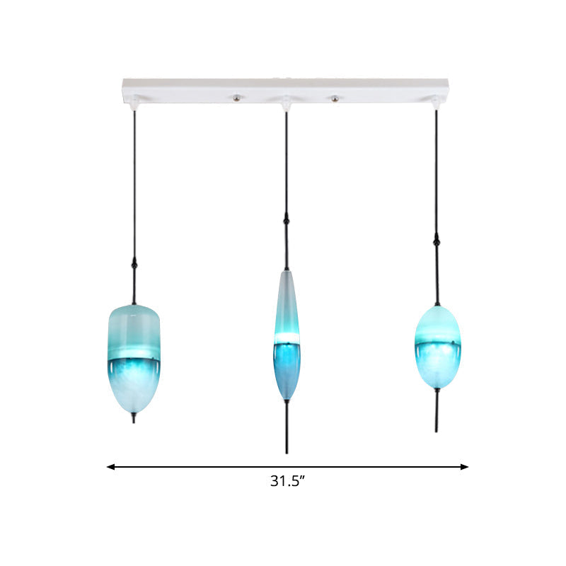 Modernist Blue/White Glass Cluster Pendant Light Fixture - Teardrop/Drum/Cylinder Design 1/3 Lights