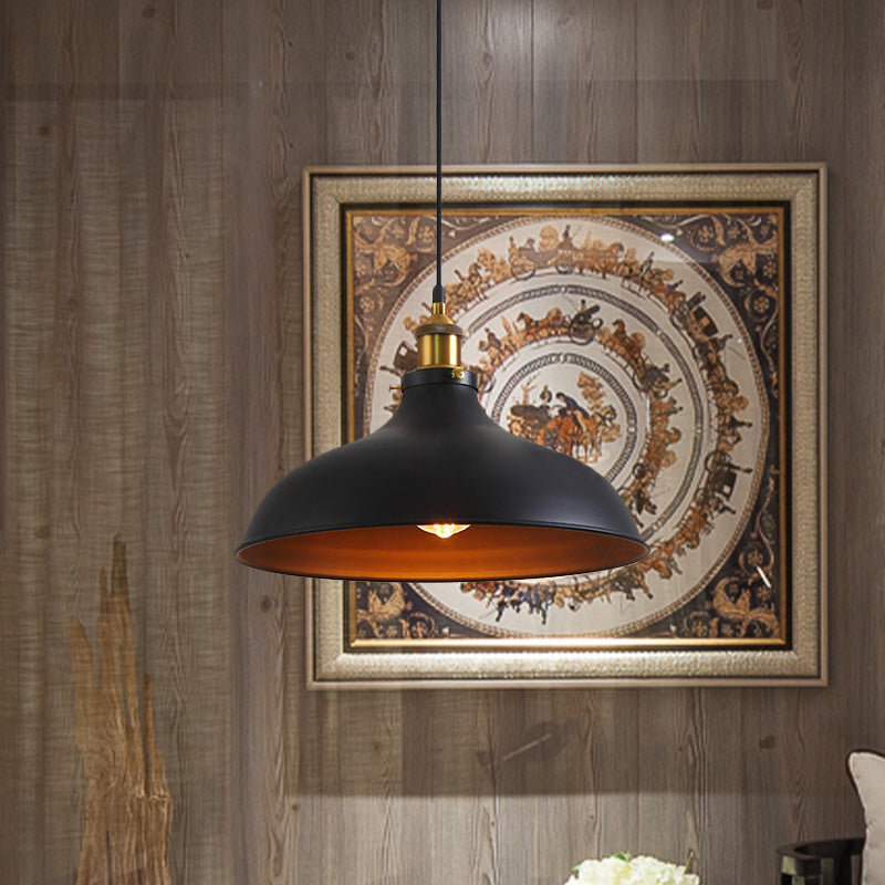 Vintage Style Pendant Lamp for Restaurant - Metal Bowl Ceiling Light in Black/White