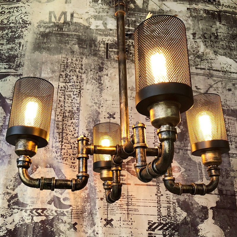 Lustre cylindrique en fer finition bronze vintage avec écran en maille - Lot de 4 ampoules