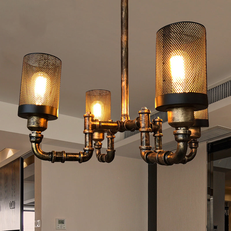 Lustre cylindrique en fer finition bronze vintage avec écran en maille - Lot de 4 ampoules
