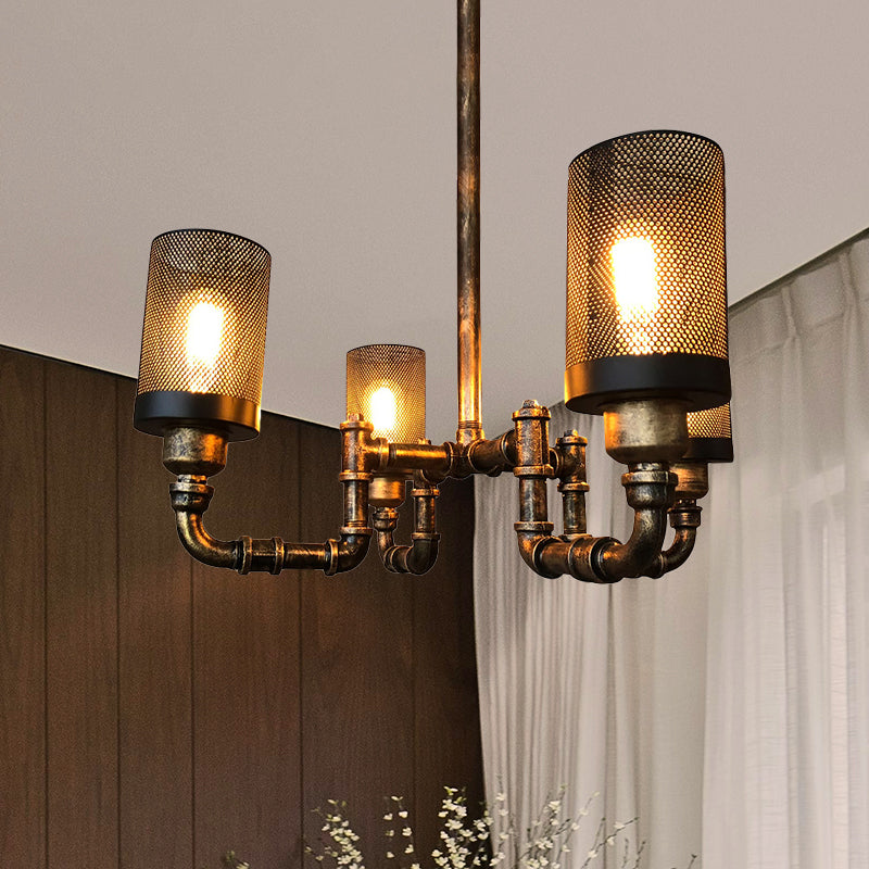 Lustre cylindrique en fer finition bronze vintage avec écran en maille - Lot de 4 ampoules