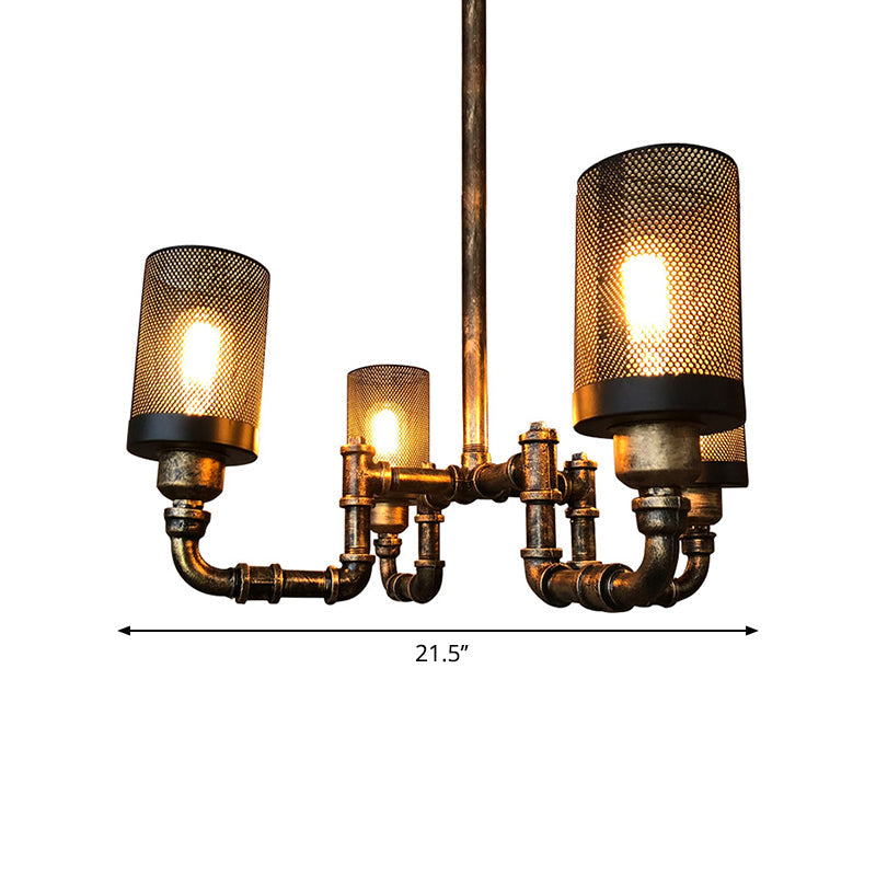 Lustre cylindrique en fer finition bronze vintage avec écran en maille - Lot de 4 ampoules