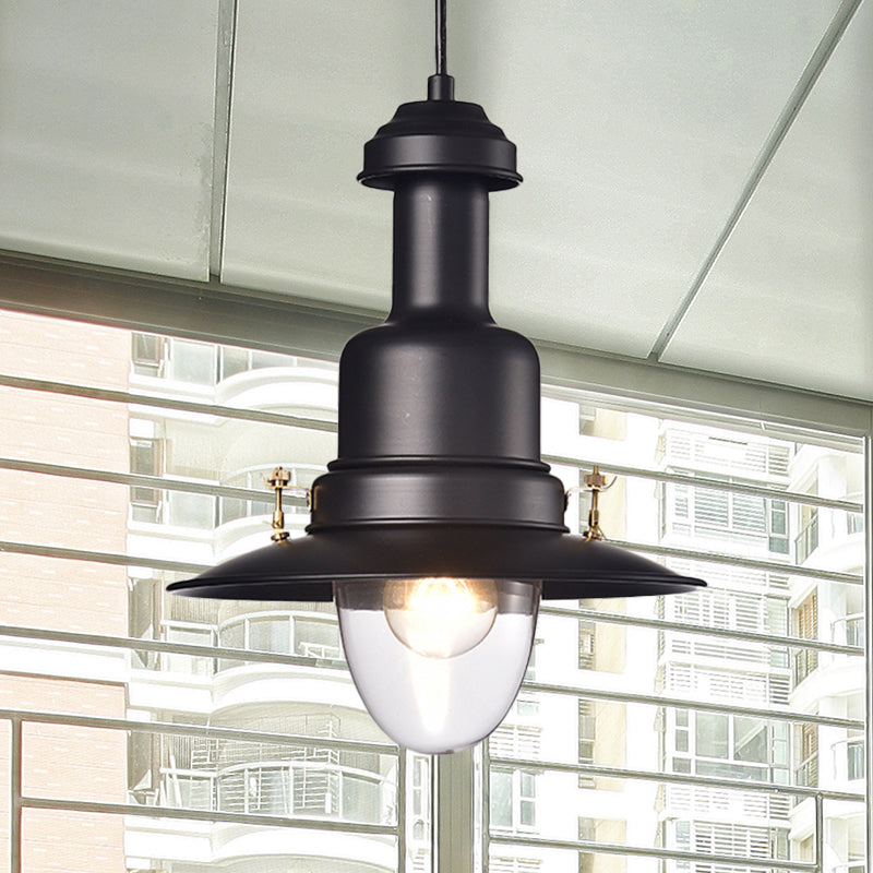 Lampe suspendue à abat-jour plat de style nautique - 1 lampe suspendue métallique, finition noire/blanche pour cuisine