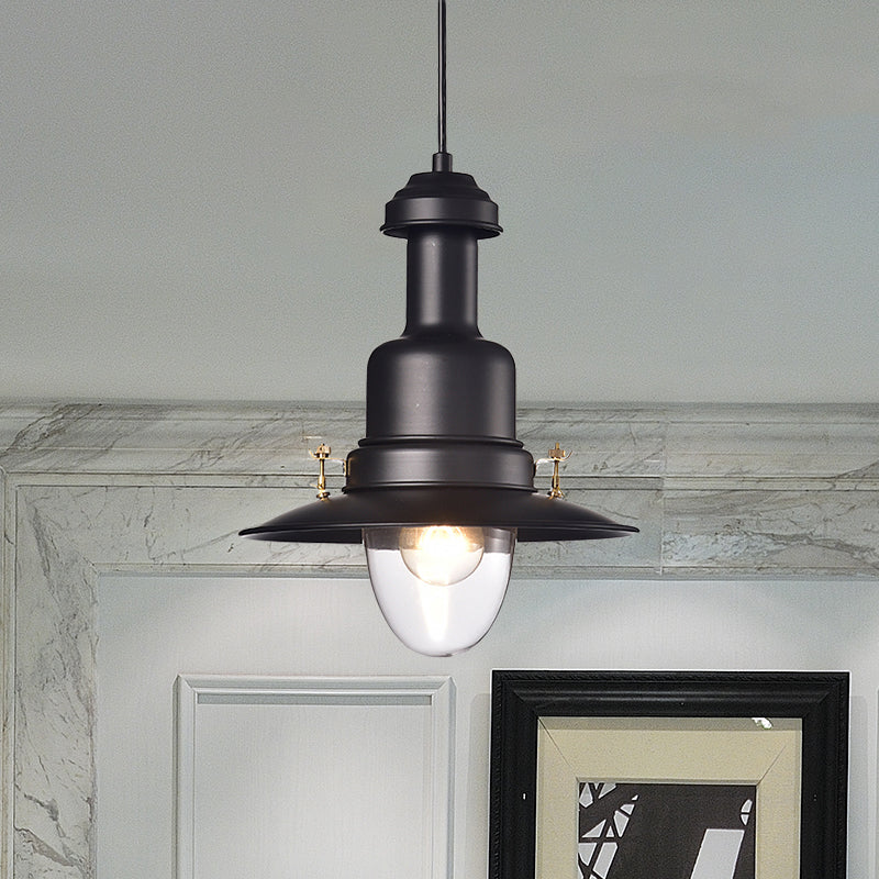 Lampe suspendue à abat-jour plat de style nautique - 1 lampe suspendue métallique, finition noire/blanche pour cuisine