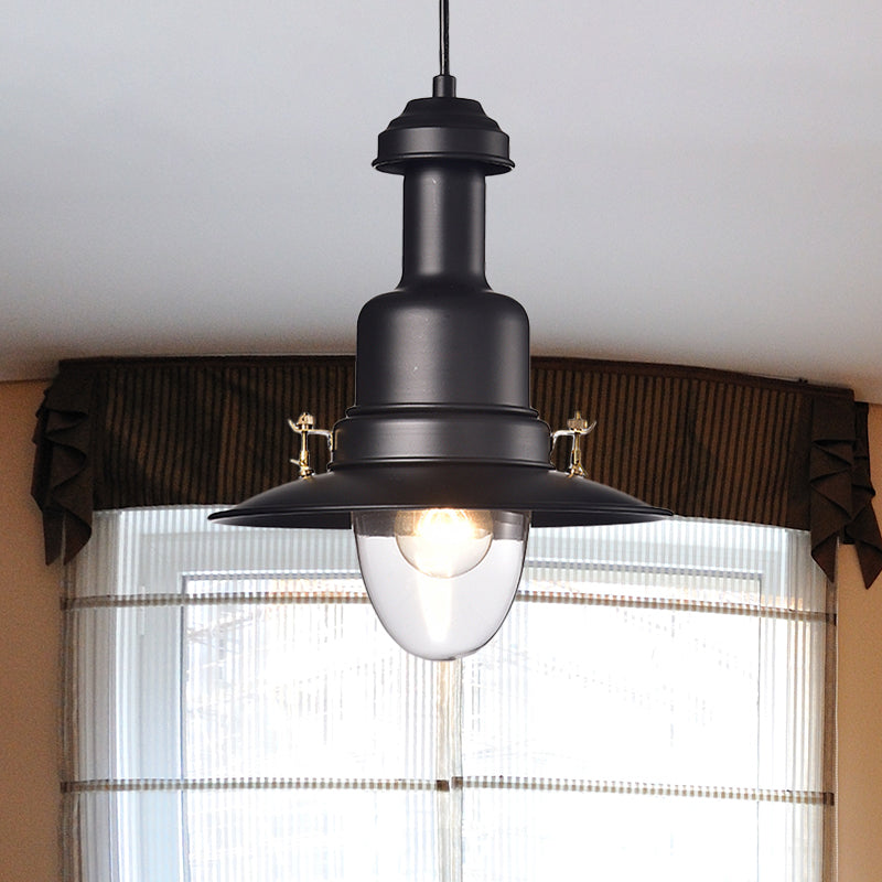 Lampe suspendue à abat-jour plat de style nautique - 1 lampe suspendue métallique, finition noire/blanche pour cuisine