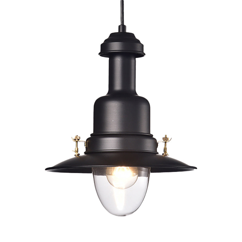 Lampe suspendue à abat-jour plat de style nautique - 1 lampe suspendue métallique, finition noire/blanche pour cuisine
