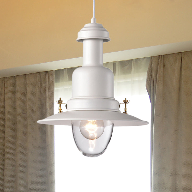 Lampe suspendue à abat-jour plat de style nautique - 1 lampe suspendue métallique, finition noire/blanche pour cuisine