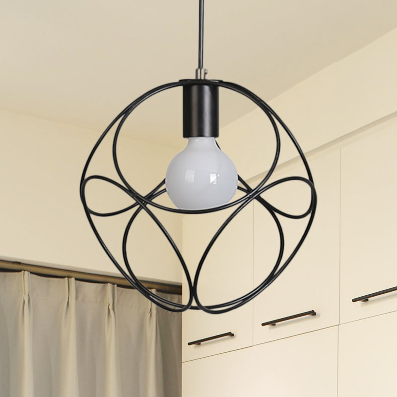 Suspension en métal de style industriel avec abat-jour en cage - Design carré blanc/noir, idéal pour les espaces intérieurs