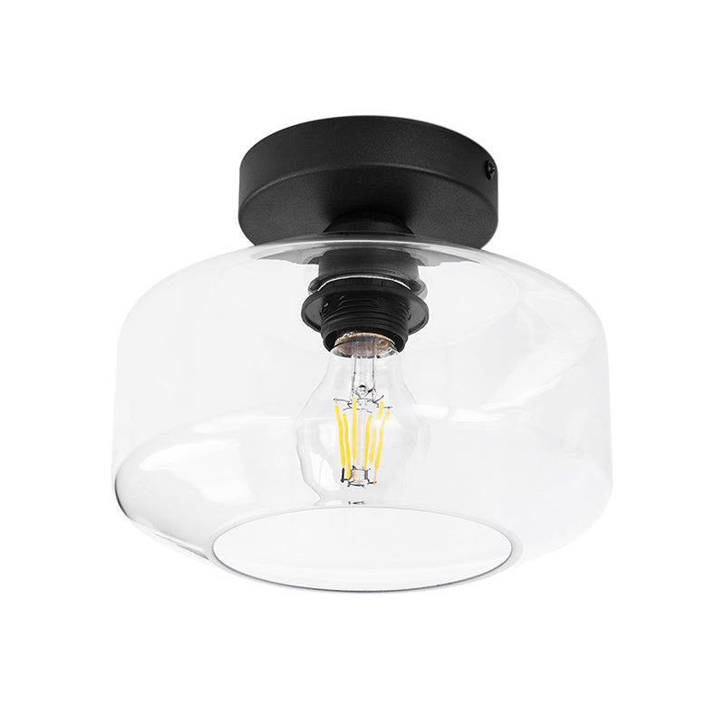 Sleek Industrial Drum Shade Semi Flush Light in Black with Clear/Amber Glass – Perfect for Foyer Ceiling