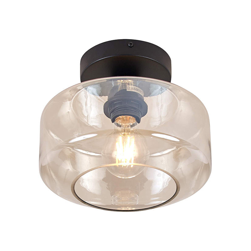 Sleek Industrial Drum Shade Semi Flush Light in Black with Clear/Amber Glass – Perfect for Foyer Ceiling