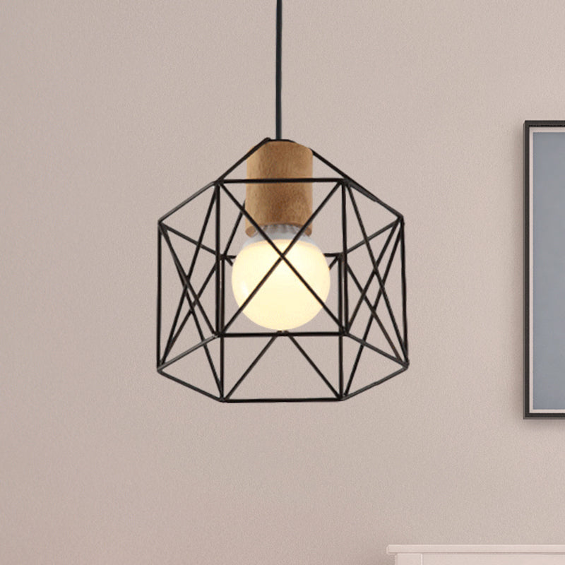 Industrial Retro Hanging Fixture - 1 Head Metal/Wood Ceiling Light with Cage Shade, Black