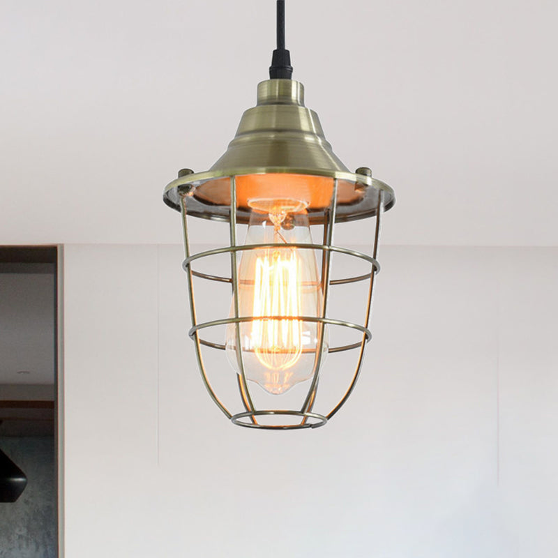 Vintage Industrial Wire Cage Bedside Hanging Light - Brass/Chrome Finish Mini Pendant Lamp