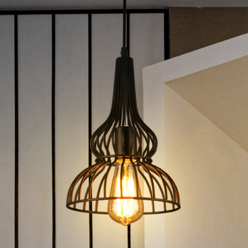 Rustic Black Gourd Pendant Lamp with Wire Frame - Loft Metal Hanging Light for Restaurants - 1 Light