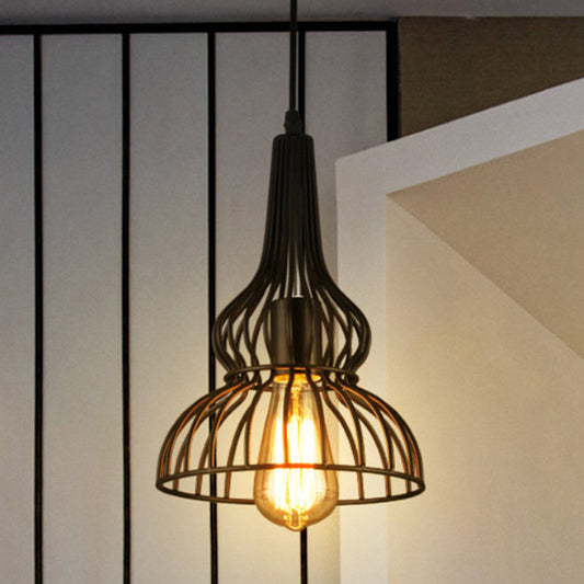Rustic Black Gourd Pendant Lamp with Wire Frame - Loft Metal Hanging Light for Restaurants - 1 Light