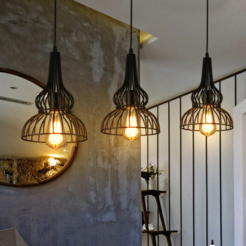 Rustic Black Gourd Pendant Lamp with Wire Frame - Loft Metal Hanging Light for Restaurants - 1 Light