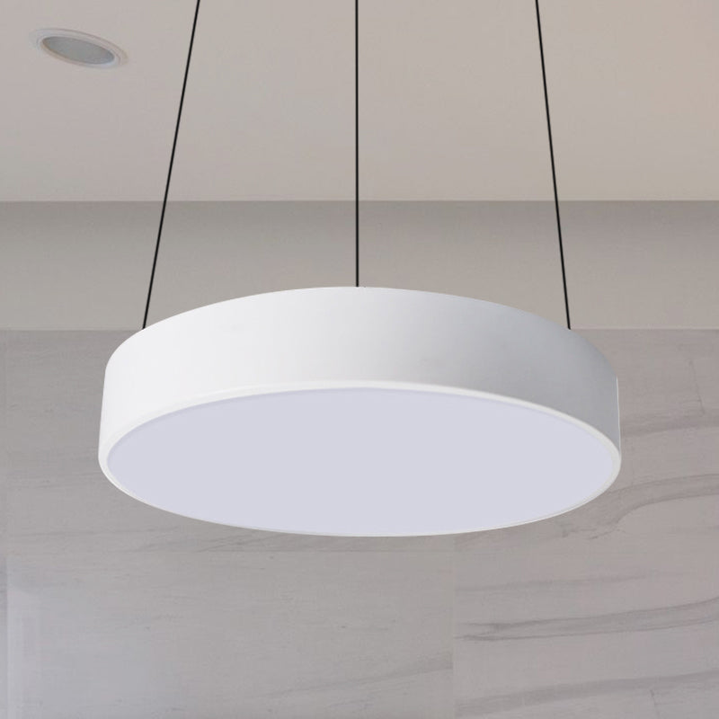 Contemporary LED Metal Drum Pendant Lighting: 12"/18"/23.5" Wide, White/Black Ceiling Lamp with White/Warm Light
