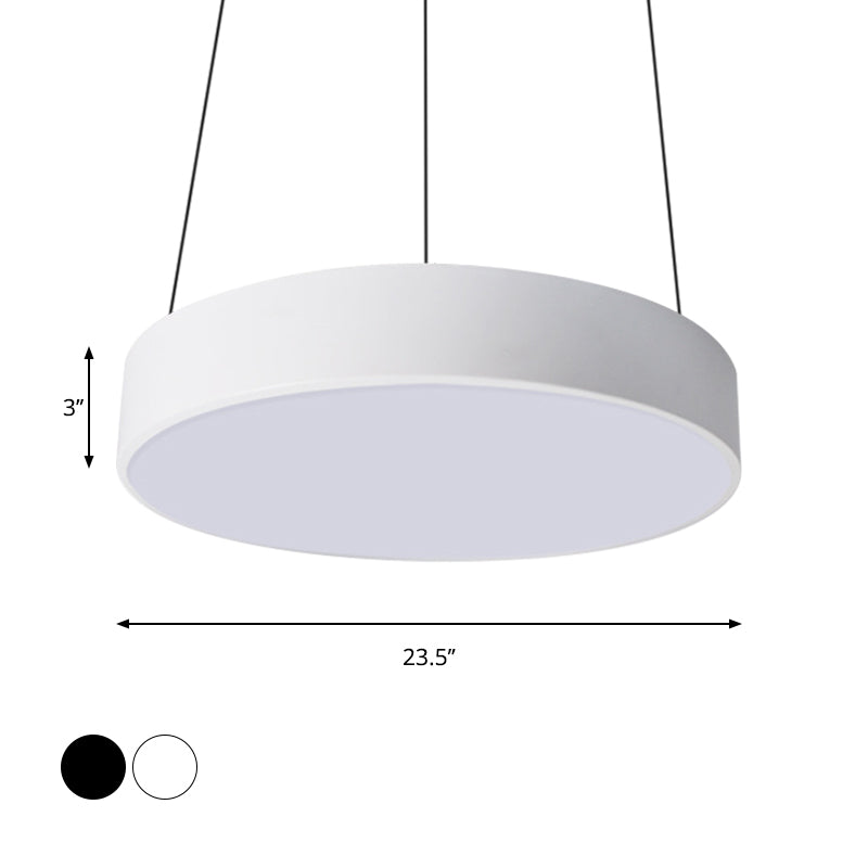 Contemporary LED Metal Drum Pendant Lighting: 12"/18"/23.5" Wide, White/Black Ceiling Lamp with White/Warm Light