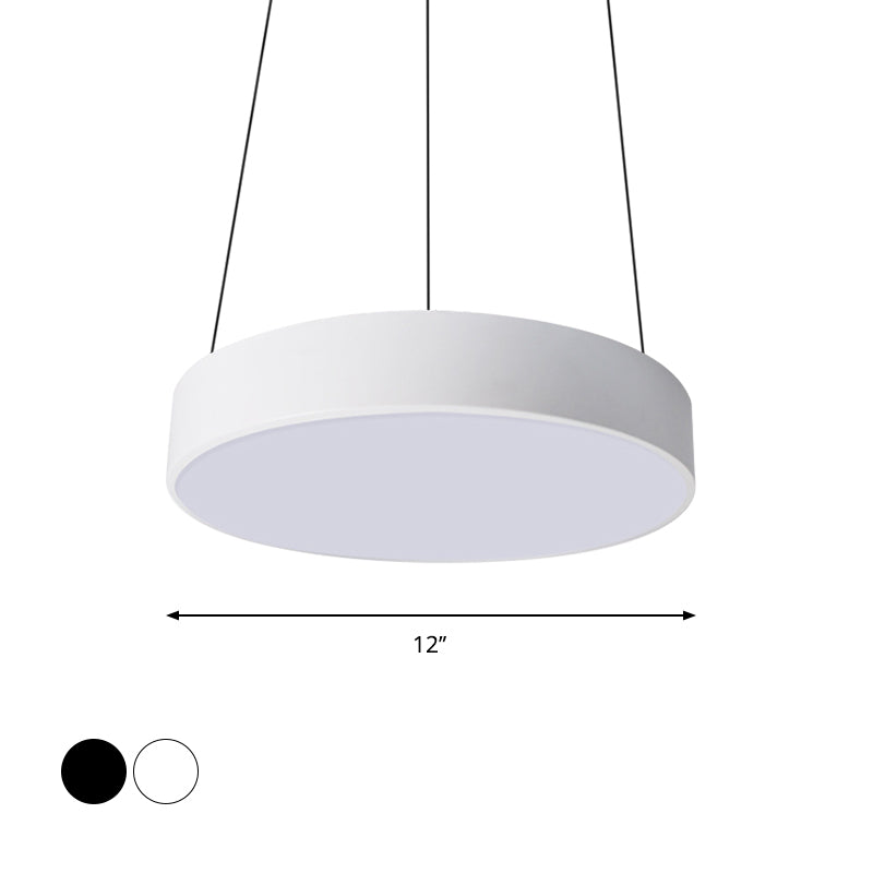 Contemporary LED Metal Drum Pendant Lighting: 12"/18"/23.5" Wide, White/Black Ceiling Lamp with White/Warm Light