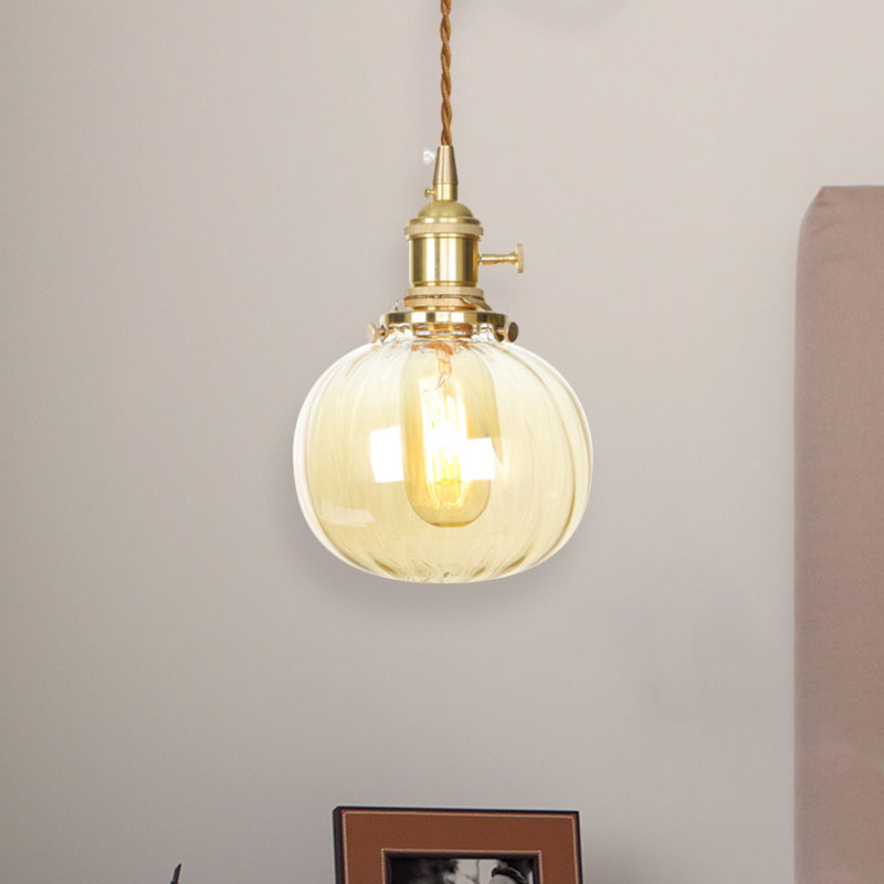 Amber Glass Retro Vintage Pendant Lamp - Melon Shape - Dining Room Décor