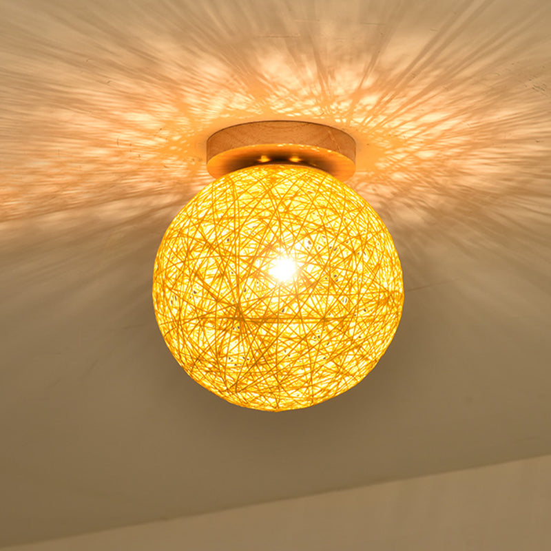 Modernist Rattan Ceiling Mount Light: Blue/Flaxen Globe Shade, 6"/8" Wide, 1 Bulb Flush Mount Lighting for Corridor