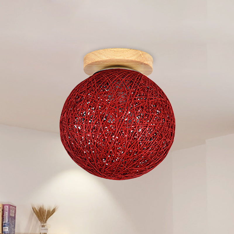 Modernist Rattan Ceiling Mount Light: Blue/Flaxen Globe Shade 6/8 Wide 1 Bulb Flush Lighting For