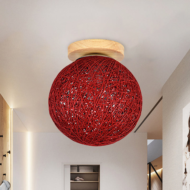 Modernist Rattan Ceiling Mount Light: Blue/Flaxen Globe Shade, 6"/8" Wide, 1 Bulb Flush Mount Lighting for Corridor