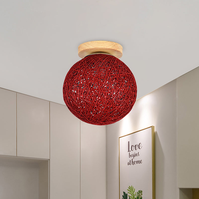 Modernist Rattan Ceiling Mount Light: Blue/Flaxen Globe Shade, 6"/8" Wide, 1 Bulb Flush Mount Lighting for Corridor