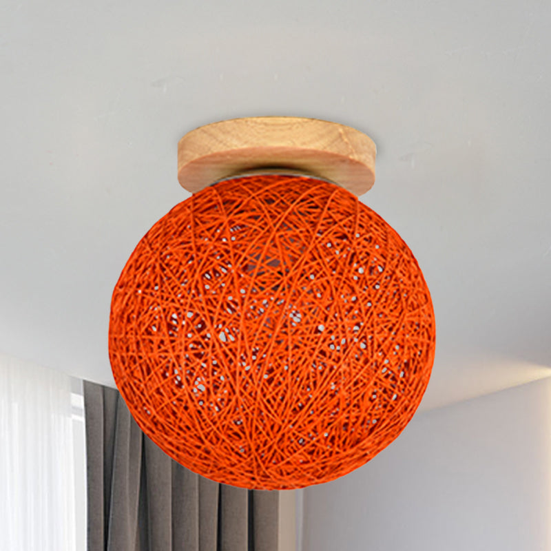 Modernist Rattan Ceiling Mount Light: Blue/Flaxen Globe Shade, 6"/8" Wide, 1 Bulb Flush Mount Lighting for Corridor
