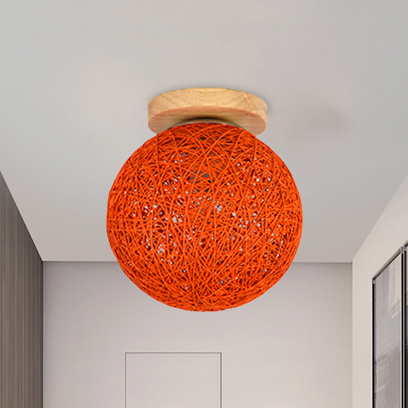 Modernist Rattan Ceiling Mount Light: Blue/Flaxen Globe Shade, 6"/8" Wide, 1 Bulb Flush Mount Lighting for Corridor
