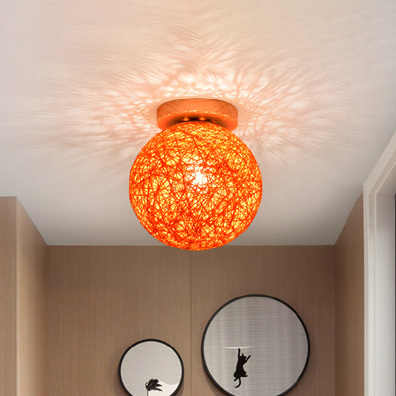 Modernist Rattan Ceiling Mount Light: Blue/Flaxen Globe Shade, 6"/8" Wide, 1 Bulb Flush Mount Lighting for Corridor