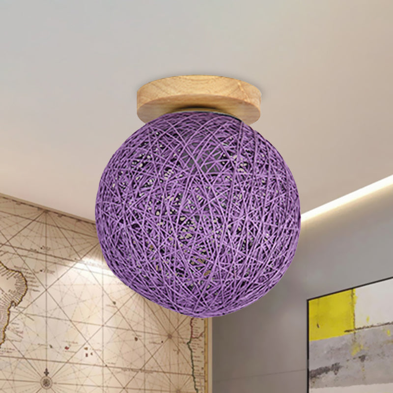 Modernist Rattan Ceiling Mount Light: Blue/Flaxen Globe Shade, 6"/8" Wide, 1 Bulb Flush Mount Lighting for Corridor