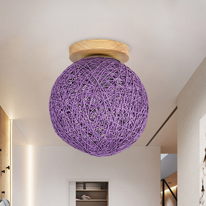 Modernist Rattan Ceiling Mount Light: Blue/Flaxen Globe Shade, 6"/8" Wide, 1 Bulb Flush Mount Lighting for Corridor