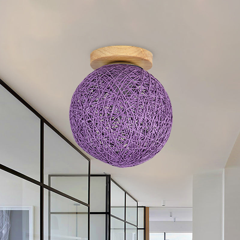 Modernist Rattan Ceiling Mount Light: Blue/Flaxen Globe Shade, 6"/8" Wide, 1 Bulb Flush Mount Lighting for Corridor